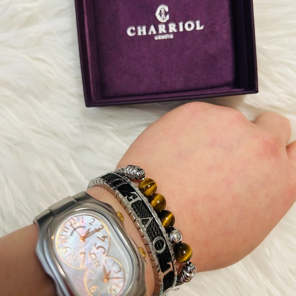 Charriol Tiger Eye Charm Bangle Steel PVD - Picture 2 of 5